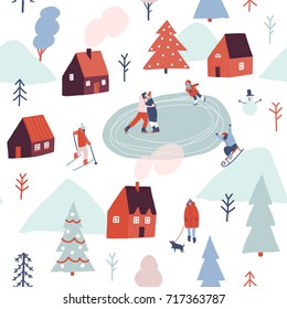 Christmas Seamless Pattern In Vector. Winter Season Illustration With People Are Skiing, Ice Skating, Sledding. 