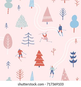 Christmas seamless pattern in vector. Winter season illustration with people are skiing in the snow covered forest.