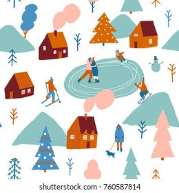 Christmas seamless pattern in vector. Winter season illustration with people are skiing, ice skating, sledding. 