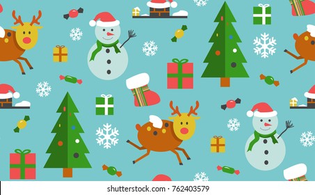 Christmas seamless pattern in vector. Winter season illustration snowman and reindeer waiting for presents near the tree on blue background