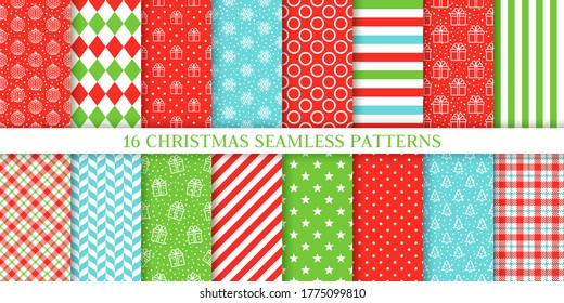 Christmas seamless pattern. Vector. Xmas, New year textures. Backgrounds with ball, tree, gift box, snowflake, candy cane stripe, plaid. Set noel prints. Festive wrapping paper. Red green illustration