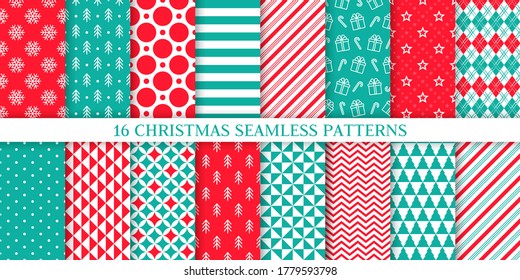 Christmas seamless pattern. Vector. Xmas print with snowflake, tree, stripe, zigzag, gift box, polka dot, star. New year background. Set festive texture. Festive wrapping paper. Red green illustration