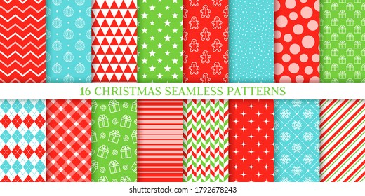 Christmas seamless pattern. Vector. Xmas textures with zigzag, ball, star, snow, gift box, stripes, dotted. New year background. Set noel prints. Festive wrapping paper. Red green blue illustration