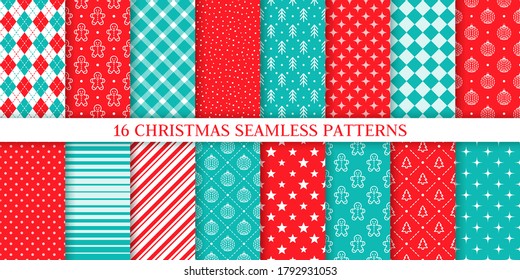 Christmas seamless pattern. Vector. Xmas, New year textures. Backgrounds with gingerbread man, tree, snow, plaid, ball, star, stripes, rhombus. Set prints. Festive wrapping paper. Red blue illustratio