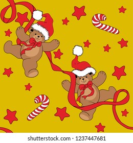 Christmas Seamless Pattern Vintage Background bears and candy