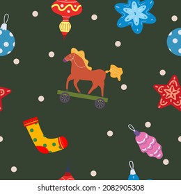 Bolas vintage, juguetes de Navidad sin fisuras. Ilustración vectorial para papeles de envoltura, estilo de dibujos animados planos de decoración