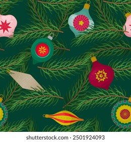 Christmas Seamless Pattern With Vintage Christmas Glass Balls and Branches. Trendy retro style. Vector illustration