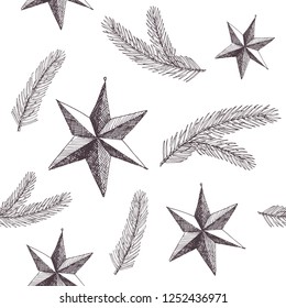 Christmas seamless pattern. Vintage hand drawn illustration of Christmas star and branches. Botanical illustration. Wrapping paper.