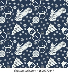 Christmas seamless pattern with Vintage pickup, Snowman and Christmas tree. Vector illustration