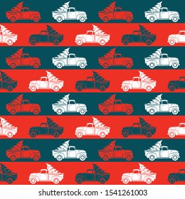 Christmas seamless pattern with vintage pickup with Christmas tree. Vector illustration