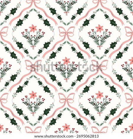 Christmas seamless pattern, vintage royal wallpaper with Christmas floral design, charming holiday background