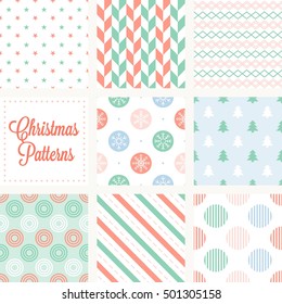 Christmas seamless pattern in vintage style, herringbone, stars, snow flake on circle, christmas tree, diagonal stripes, stripes of circle