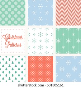 Christmas seamless pattern in vintage style, snowflakes, zigzag, polka dot on red background, christmas tree repeating on white background