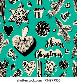 Christmas seamless pattern in vintage style.. New Year attributes and decorations. Can be used for postcards, wallpapers, wrapping paper, congratulations and scrapbooks, etc