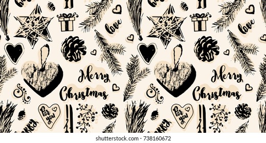 Christmas seamless pattern in vintage style. New Year attributes and decorations. Can be used for postcards, wallpapers, wrapping paper, congratulations and scrapbooks, etc
