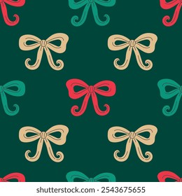 Christmas Seamless Pattern with Vintage Tied Bow. Hand drawn Xmas decoration. Abstract wrapping paper fabric textile background with colorful ribbons. Vector illustration