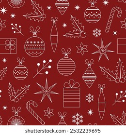 Christmas seamless pattern with vintage toys, glass ball decorations, berries and gifts in line art. Retro decorative Xmas ornament for fabric and gift wrapping paper.