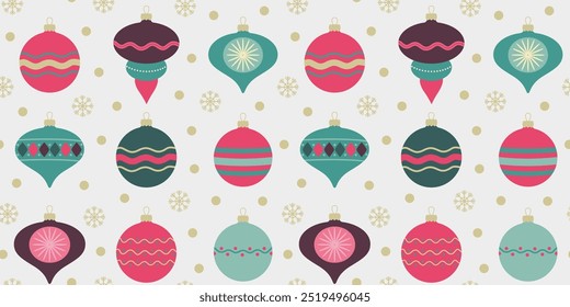 Christmas seamless pattern with vintage Christmas tree decorations, snowflakes and snow on a light background. Design of textiles, scrapbooking, printing of cards and invitations. 
