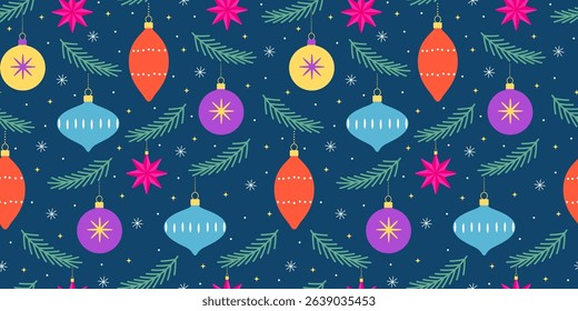 Christmas seamless pattern of vintage tree decorations. Design for wrapping paper, packaging, fabric.