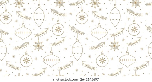 Christmas seamless pattern of vintage Christmas tree decorations gold outline on white background. Design for wrapping paper, packaging, fabric.