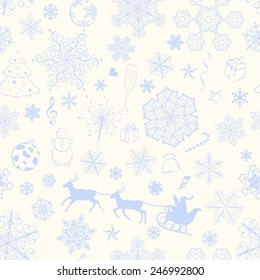 Christmas seamless pattern with violet snowflakes and xmas symbols