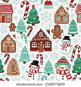 Christmas seamless pattern, wallpaper, background with snowman, Christmas tree, gingerbread house, snowflakes and candy cane. Winter wrapping paper, vector print