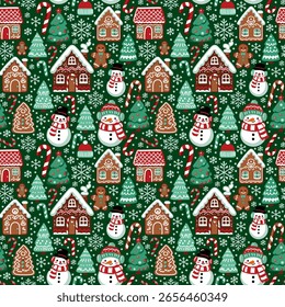 Natal padrão sem costura, papel de parede, fundo com boneco de neve, árvore de Natal, casa de gengibre, flocos de neve e cana de doces. Papel de embalagem de inverno, impressão vetorial
