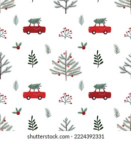 Christmas seamless pattern, wallpaper with seasonal winter design, Christmas tree, simple trendy wrapping paper style