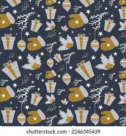 Christmas seamless pattern, wallpaper with seasonal cute winter cozy elements, vector design