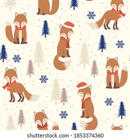 Christmas seamless pattern with warm fox background, Winter pattern, wrapping paper, winter greetings, web page background, Christmas and New Year greeting cards