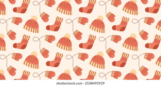 Christmas seamless pattern with warm hat, sock, mittens. New Year winter vector background for packaging, textiles, scrapbooking.