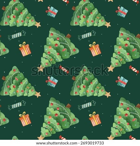 Christmas seamless pattern with watercolor christmas tree and gifts. Dark background. Childlike playful style.