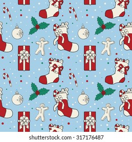 Christmas seamless pattern, whit various hand drawn holidays objects, vector illustration