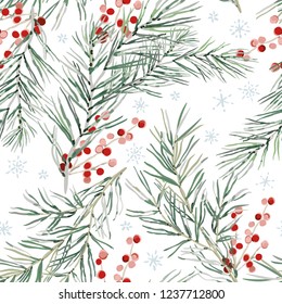 Christmas seamless pattern, white background. Green pine twigs, red berries, snowflakes. Vector illustration. Nature design. Season greeting digital paper. Winter Xmas holidays