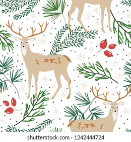 Christmas seamless pattern, white background. Forest deer animals, green pine twigs, berries, snow. Vector illustration. Nature design. Season greeting digital paper. Winter Xmas holidays