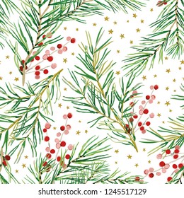Christmas seamless pattern, white background. Green pine twigs, red berries, stars. Vector illustration. Nature design. Season greeting digital paper. Winter Xmas holidays