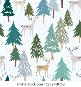 Christmas Seamless Pattern, White Background. Forest Deer, Green Fir, Spruce Trees. Vector Illustration. Nature Design. Season Greeting Digital Paper. Winter Xmas Holidays. Cute Woodland Animals