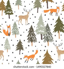 Christmas seamless pattern, white background with stars. Forest deer, fox, fir, spruce trees. Vector illustration. Nature design. Season greeting. Winter Xmas holidays. Cute woodland animals