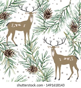 Christmas seamless pattern, white background. Forest deer animals, green pine twigs, cones, stars. Vector illustration. Nature design. Season greeting. Winter Xmas holidays