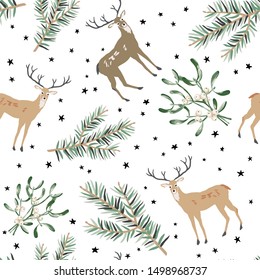 Christmas seamless pattern, white background. Forest deer animals, green fir twigs, mistletoe berries, stars. Vector illustration. Nature design. Season greeting. Winter Xmas holidays