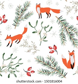 Christmas seamless pattern, white background. Forest fox animals, green fir twigs, mistletoe, berries, snow. Vector illustration. Nature design. Season greeting. Winter Xmas holidays