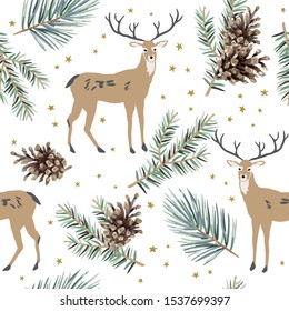 Christmas seamless pattern, white background. Forest cute deer animals, green fir, pine twigs, cones, stars. Vector illustration. Nature design. Season greeting. Winter Xmas holidays