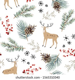 Christmas seamless pattern, white background. Forest cute deer animals, green fir, pine twigs, cones, berries, snowflakes. Vector illustration. Nature design. Season greeting. Winter Xmas holidays