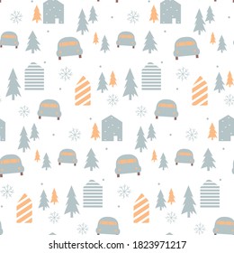 
Christmas seamless pattern. white background with houses, cars, fir trees and snowflakes. Ideal for Christmas fabrics, packaging, backdrops.