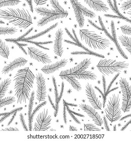 Christmas seamless pattern, white background. Pine twigs, red berries, snowflakes. Season greeting digital paper. Winter Xmas holidays