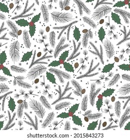 Christmas seamless pattern, white background. Pine twigs, red berries, snowflakes.