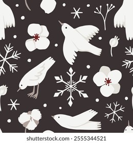 Christmas seamless pattern, white birds, pine twigs, cones, mistletoe, snowflakes, black night background. Vector illustration. Nature design. Season greeting. Winter holidays