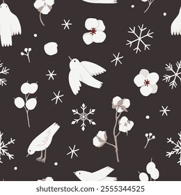 Christmas seamless pattern, white birds, pine twigs, cones, mistletoe, snowflakes, black night background. Vector illustration. Nature design. Season greeting. Winter holidays