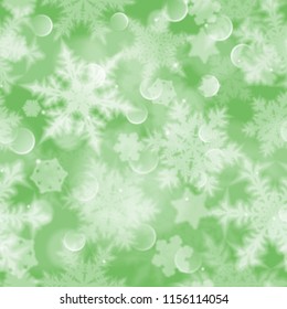 Christmas seamless pattern with white blurred snowflakes, glare and sparkles on green background