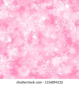 Christmas seamless pattern with white blurred snowflakes, glare and sparkles on pink background